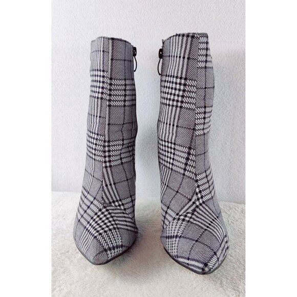 Ankle Boot Black White Plaid Pointed Toe Stiletto Heel 40 Zipper Career - Picture 4 of 13